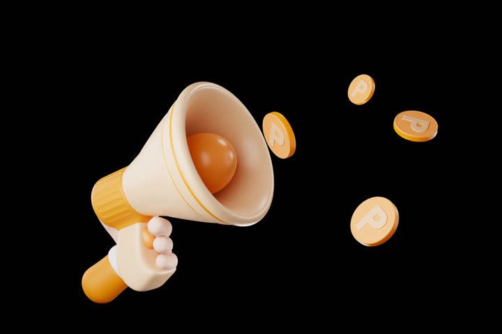 Megaphone with coins outside 3D moving in mid air