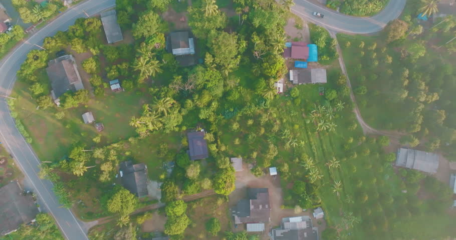 Aerial view rural village with road tropical rainforest natue landscape