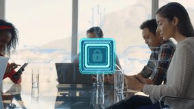 Animation of padlock icon with circuit board over diverse business people in office. Global finance, business, connections, computing and data processing concept digitally generated video. - Powered by Shutterstock - Get 15% off with code: PIKWIZARD15