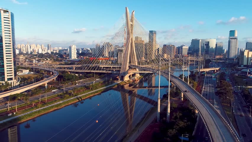 Estaiada Bridge At Sao Paulo Brazil. Bridges Suspension. Industrial Skyline Company Building Awesome. Industrial Cityscape Company Building Corporate Business. Cable Bridge Sao Paulo Brazil Royalty-Free Stock Footage #3455941731