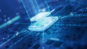 Dynamic Close-up of Futuristic Translucent Processor Connecting with Socket and Motherboard. Next Generation Microchip Activating and Powering System. High Performance GPU Chip in Blue Neon Light.  - Powered by Shutterstock - Get 15% off with code: PIKWIZARD15