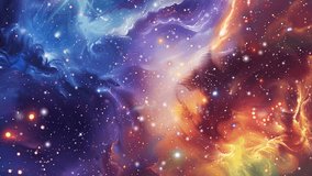 Flight through an abstract colorful fantasy galaxy. Bright cosmos background. Night sky and stars. 25fps
