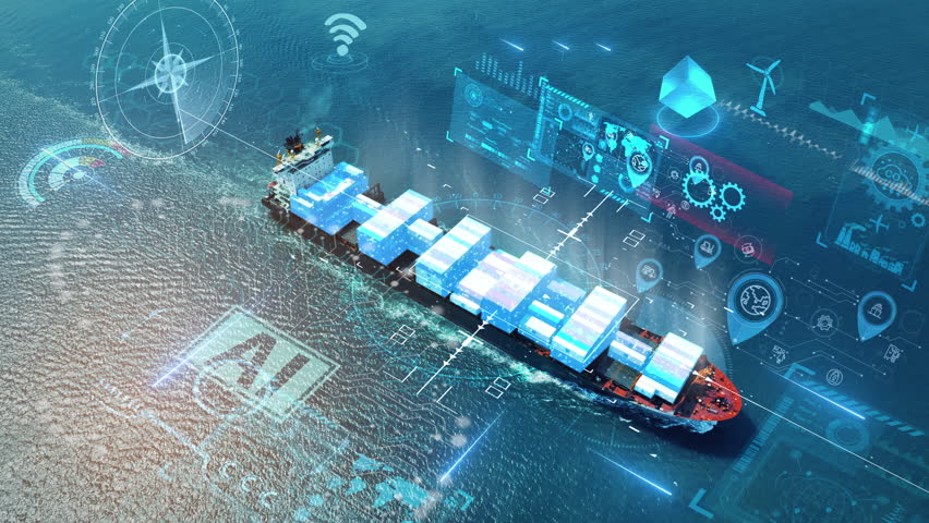 AI technology Cargo Container Ship with line connection logistics icons. Tehcnology Global Logistics international delivery concept, World map logistic and supply chain network distribution Container	