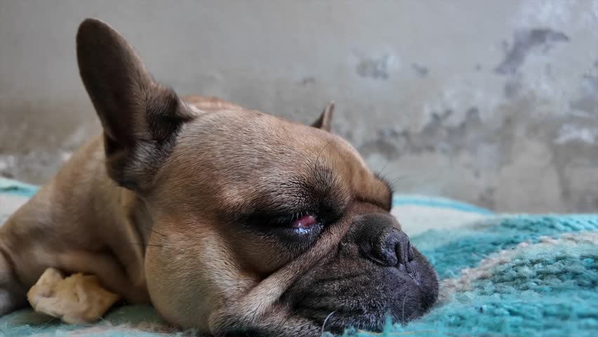 Sleepy French bulldog lying on green pillow indoor.