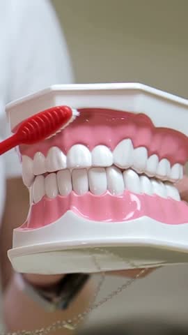 Brushing models teeth with red toothbrush for cosmetic dentistry event