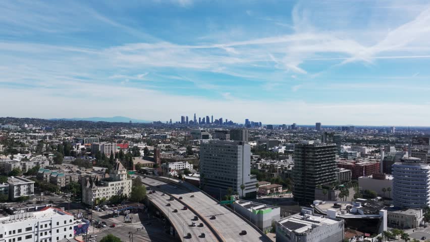 Drone shot showing the busy highway coming into los angeles, california