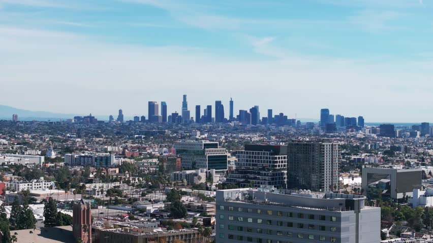 Panning to the right drone shot overlooking east hollywood and los angeles
