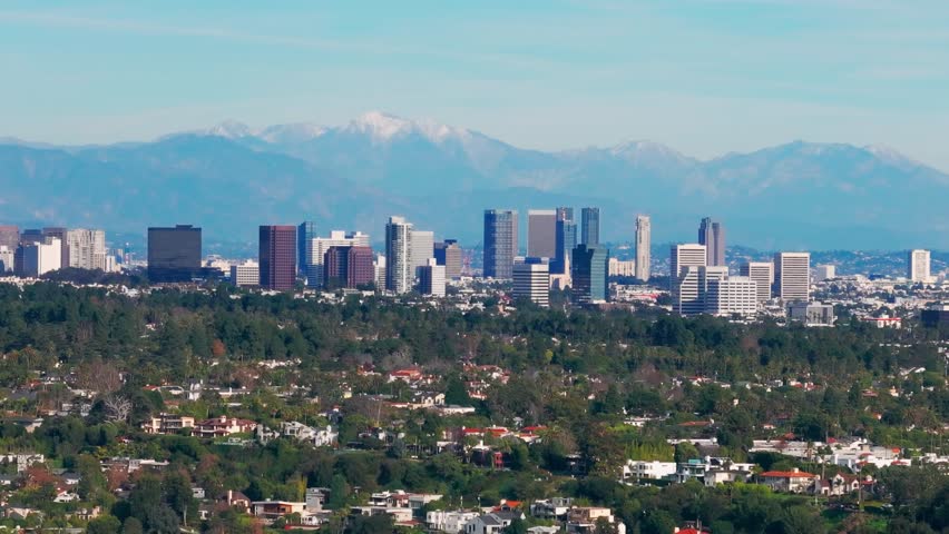 panning to the left drone shot of west hollywood outside of los angeles