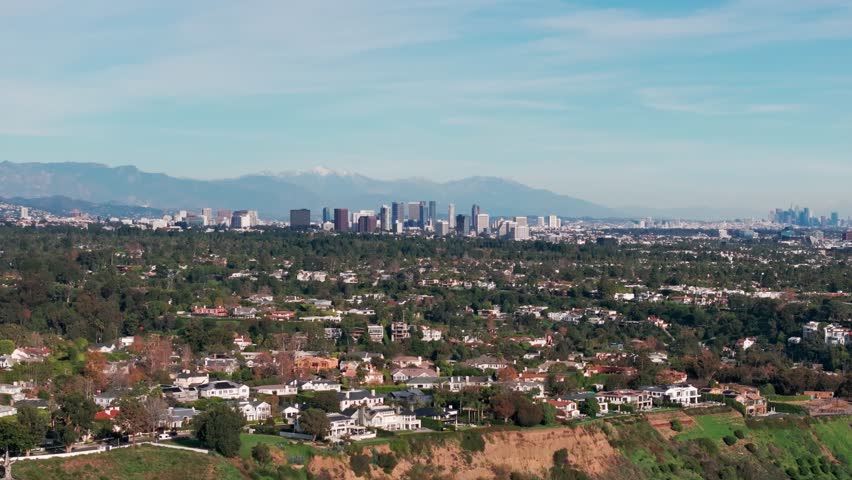 Panning to the left drone shot of hollywood and los angeles from a distance