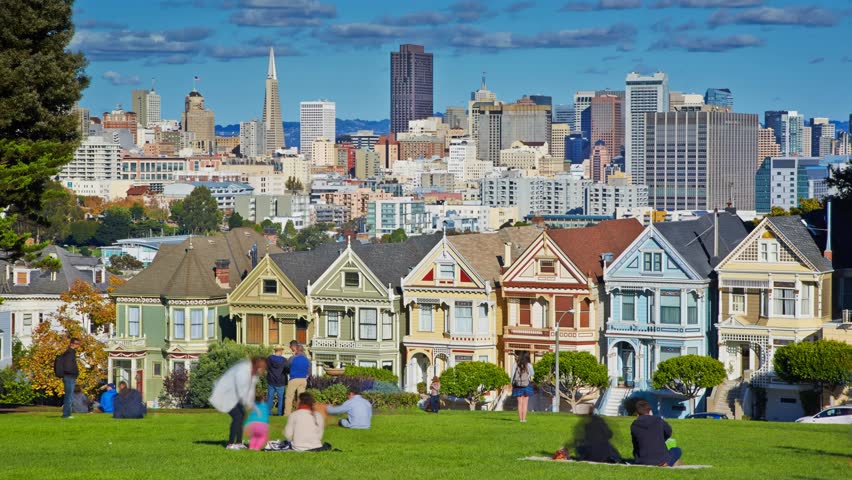 SAN FRANCISCO, USA - MARCH 7, 2024: Scenic timelapse hyperlapse city view on San Francisco downtown, historical and business city center, famous touristic landmark.