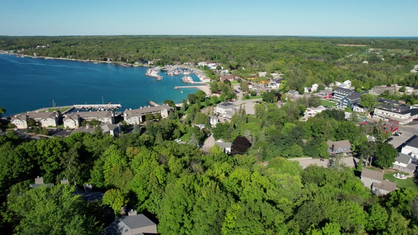 Drone aerial shot overlooking all of the city of sister bay, Wisconsin