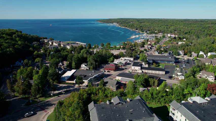 Panning to the right shot of sister bay, Wisconsin on a sunny day