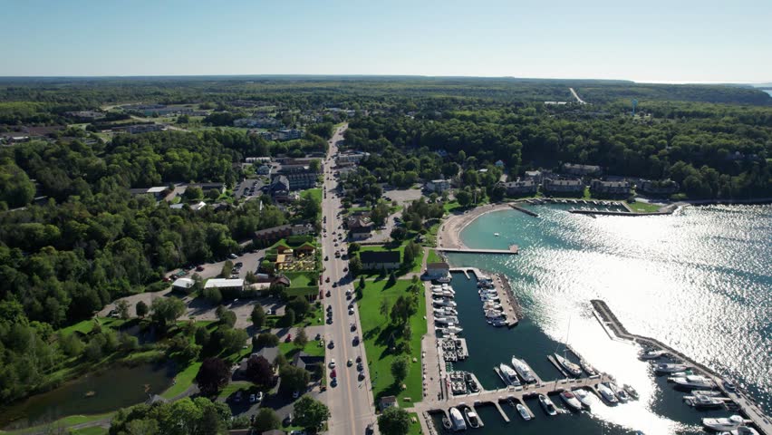 drone aerial view of main street in sister bay, Wisconsin on a sunny day