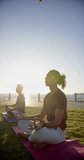 Vertical video of happy diverse male couple doing yoga at promenade by the sea, slow motion. Spending quality time, lifestyle, summer and vacation.