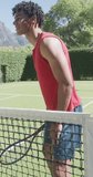 Vertical video of happy biracial man with tennis racket on sunny day. Free time, sport and activity.
