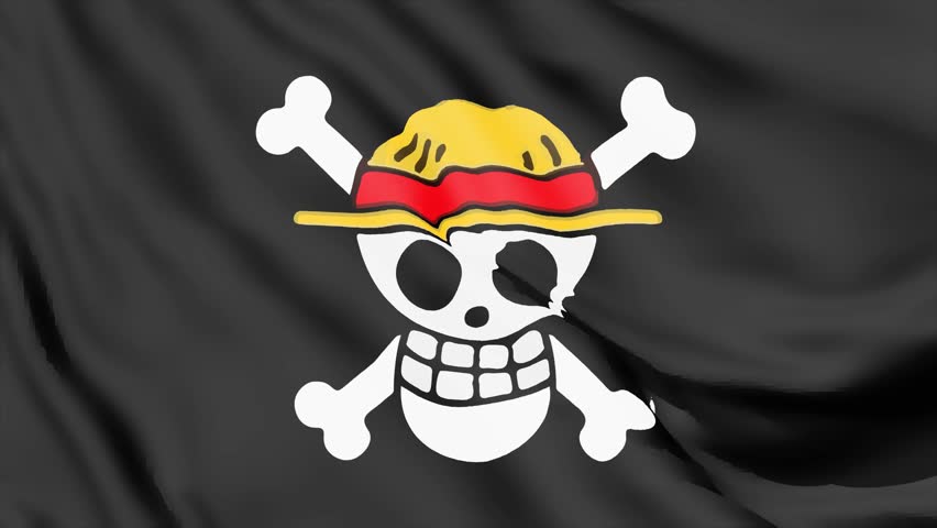 Animation of cartoon character flags. Footage of a pirate flag being raised. The videotape waved in the wind.