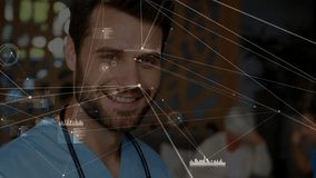 Animation of network of connections over caucasian male doctor. Global medicine, business, connections, computing and data processing concept digitally generated video. - Powered by Shutterstock - Get 15% off with code: PIKWIZARD15