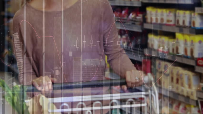 Animation of financial data processing over caucasian woman grocery shopping. Global shopping, finance, connections, computing and data processing concept digitally generated video. - Powered by Shutterstock - Get 15% off with code: PIKWIZARD15