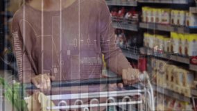 Animation of financial data processing over caucasian woman grocery shopping. Global shopping, finance, connections, computing and data processing concept digitally generated video. - Powered by Shutterstock - Get 15% off with code: PIKWIZARD15