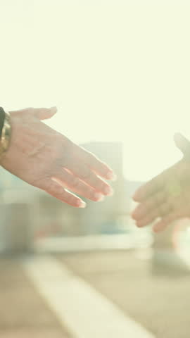 B2b, handshake and business people in a city for meeting, deal or partnership opportunity closeup. Zoom, shaking hands and men outdoor for offer negotiation, support or thank you, welcome or gesture Royalty-Free Stock Footage #3456455943