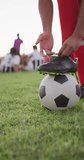 Vertical video of biracial football player on field kicking ball. Male football team, inclusivity and fitness in team sports.