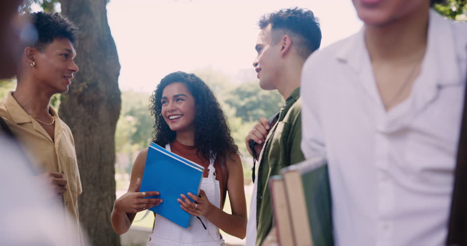 School, diversity and funny student friends on university campus together in summer. Education, college and study with group of young people laughing outdoor at academy for learning scholarship