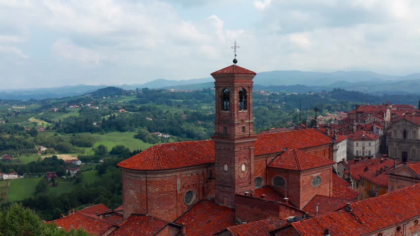 Bell tower of Vicoforte comune in Province of Cuneo in Italy. Aerial drone view