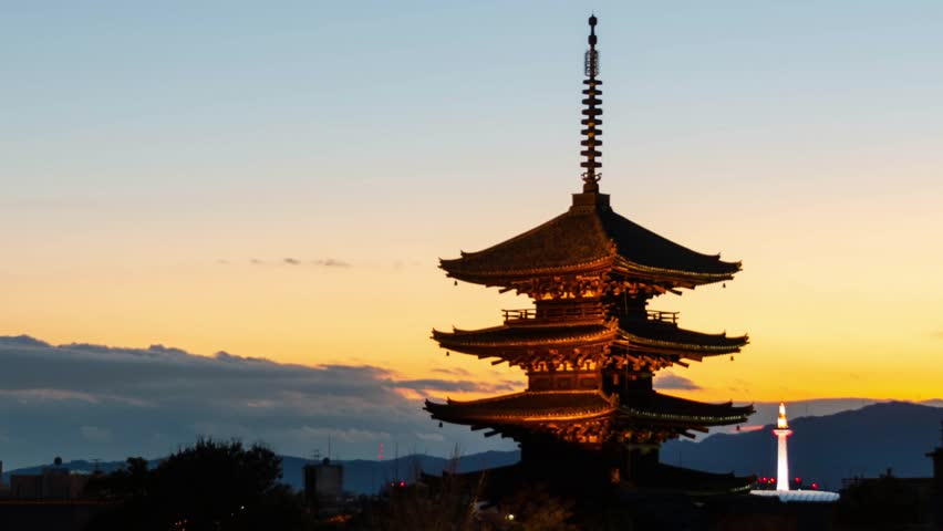 timelapse kyoto city aerial skyline view to ancient Yasaka pagoda building and Kyoto Tower at the back in higashiyama, Kyoto old town with sunset sky ,famous landmark building in Kyoto japan Royalty-Free Stock Footage #3456591249