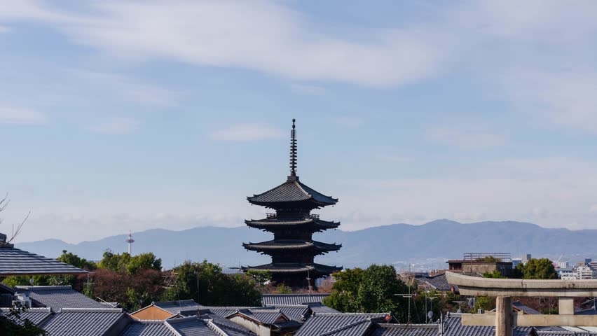 timelapse kyoto city aerial skyline view to ancient Yasaka pagoda building and Kyoto Tower at the back at higashiyama in Kyoto old town city ,famous landmark building in Kyoto japan Royalty-Free Stock Footage #3456591983