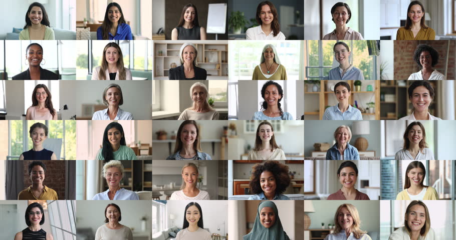 Lot of women faces look at camera, footages collage view. Group of beautiful multiethnic female take part in videocall using worldwide app for remote communication. Feminism, professional occupation