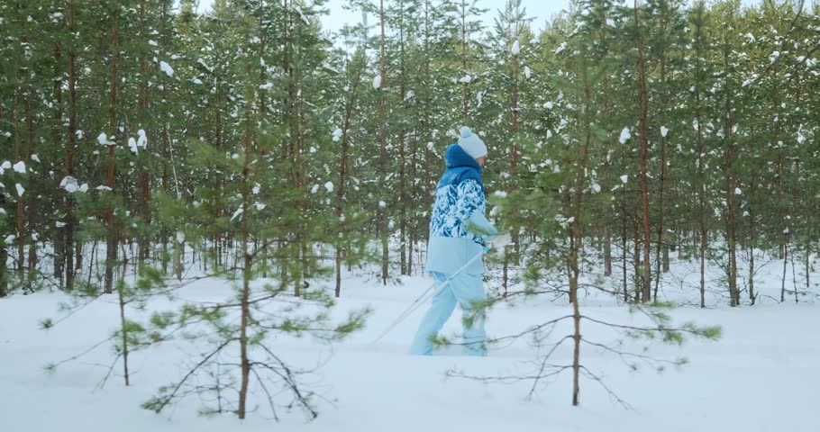 Side view, the side camera follows a woman riding through a winter coniferous forest on classic skis in a blue tracksuit. Cardio training of elderly women outdoors in the winter forest. 4k footage Royalty-Free Stock Footage #3456742311