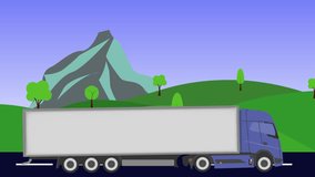 Cartoon Truck running on the way animation, Hills and mountains background, seamless loop