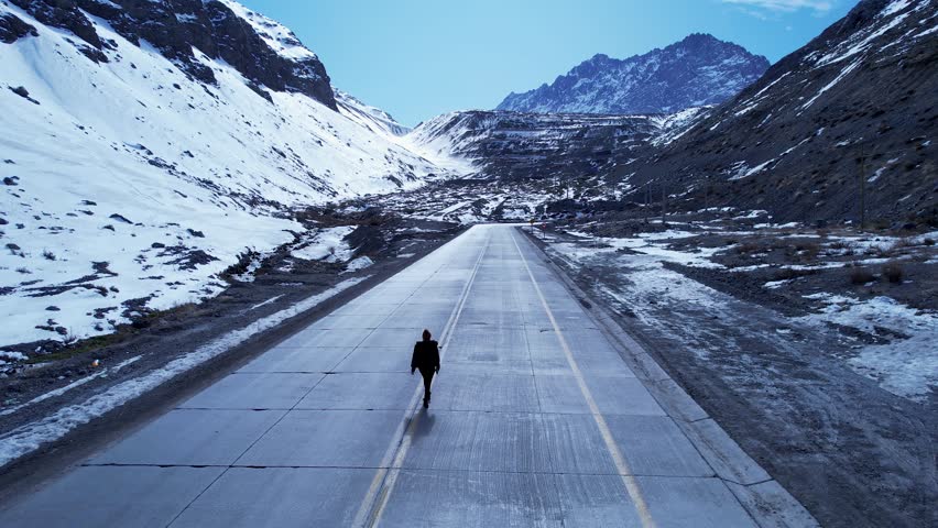 Woman At Road At Andes Mountains Valparaiso Chile. Intersection Roundabout. Nature Travel Snow Covered Forest Trees. Nature Landmark Snow Covered Patagonia Aerial. Antes Mountains Chile.