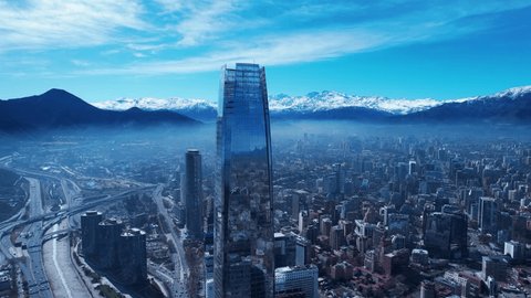 Costanera Sky Building At Santiago Metropolitan Region Chile. Facades Costanera Sky. Business Clouds Sky Downtown Cityscape. Business Exterior Downtown Backgrounds Panorama. Santiago Chile.の動画素材