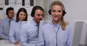 Team of Customer Service Representatives Call Center Happy Woman Showing Ok Sign