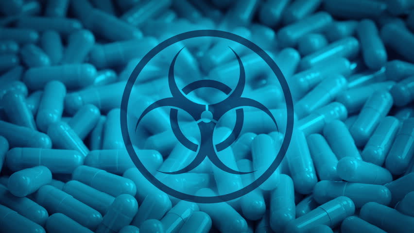 Medical Capsules Poured Out With Bio-Hazard Symbol Royalty-Free Stock Footage #3456847119