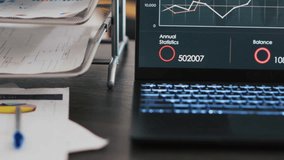 Business forecasting graphs and numbers on laptop monitor showing upward profit trend concept. Economic annual revenue statistics report on notebook screen in marketing department office, close up - Powered by Shutterstock - Get 15% off with code: PIKWIZARD15