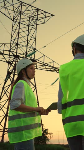 Engineers discussing construction of power plant. Women energy workers, two civil engineers working with tablet on power line. Teamwork of power engineers in protective helmets servicing power lines Royalty-Free Stock Footage #3456850535