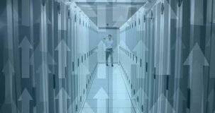 Animation of padlock icon and upward arrows over caucasian businessman in server room. Security, network, data, digital interface and communication, digitally generated video.