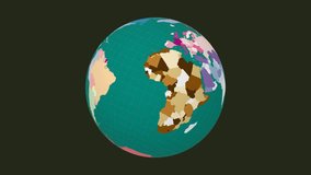 Spinning planet. Tilted sphere view. Slow speed earth rotation. Colored countries style. World map with dense graticule lines on Dark background. Posh animation.