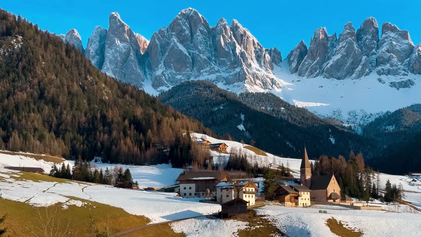 Spring landscape Dolomites Alps Santa Maddalena village Val di Funes valley South Tyrol Italy. High quality 4k footage
