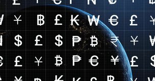 Animation of currency symbols over globe on black background. Global finances, computing and digital interface concept digitally generated video.
