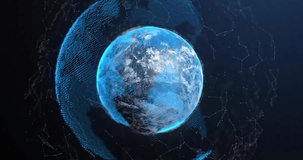 Animation of globe with network of connections on black background. Global connections, computing and digital interface concept digitally generated video.