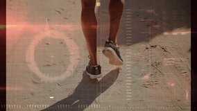 Animation of data processing over african american man running on beach. Global sports, computing and digital interface concept digitally generated video.