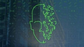 Animation of face silhouette with computer circuit board over modern office building. Global technology, computing and digital interface concept digitally generated video. - Powered by Shutterstock - Get 15% off with code: PIKWIZARD15