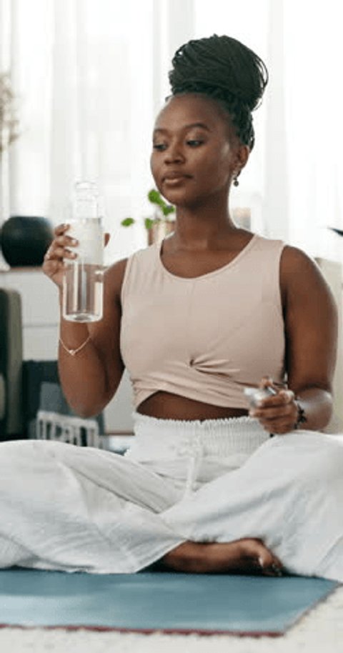 Drinking water, yoga or black woman in home with wellness, fitness or health for hydration after exercise. Thirsty African person, living room or healthy lady with liquid and incense smoke to relax Arkivvideo