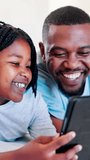 Child, father or tablet in bedroom to play video games, watch movies or elearning app in home. Happy dad, kid and reading storytelling, ebook or online learning with tech for social media in morning