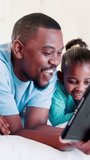 Black family, relax and social media on tablet in bedroom with father and kids playing with app or game. Happy dad, children and funny video call, photography or filming with tech on bed in morning
