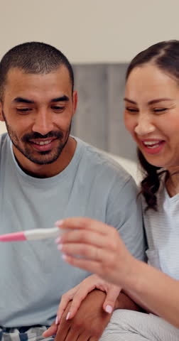 Home, hug or happy couple with pregnancy test or smile for future or baby together in bedroom. Wow, support or excited man in celebration of fertility success or good news with a proud pregnant woman Royalty-Free Stock Footage #3457022059