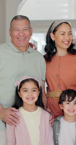 Big family, children and grandparents with face, home hallway and parents with smile, bonding and hug. Mother, father and kids with portrait in corridor, house or together for care, love or holiday